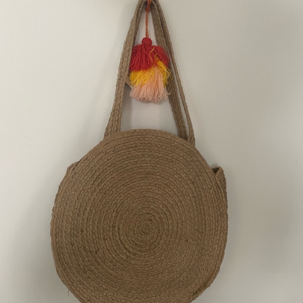 NWT circle woven beach bag with Pom Pom
